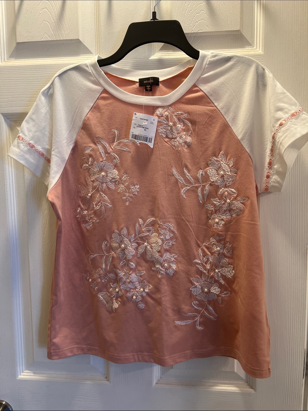 NWT Peachy Pink Raglan Tee with White Sleeves and Floral and Pearl Embroidery